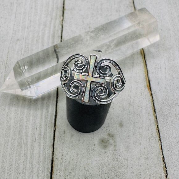 Lab Opal Cross Sterling Silver Ring - Picture 1 of 7